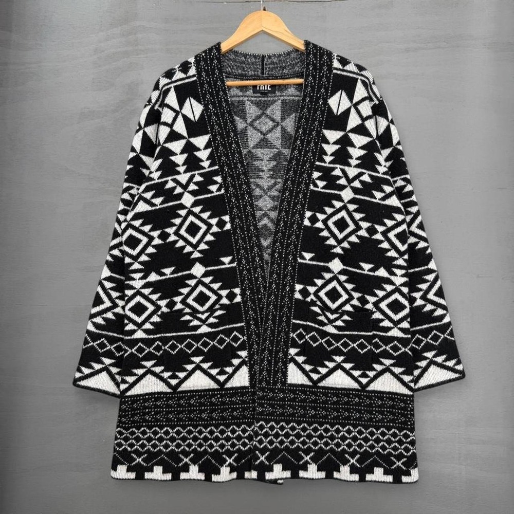 Frye Cardigan Sweater Black White Geometric Southwestern Open Front Large